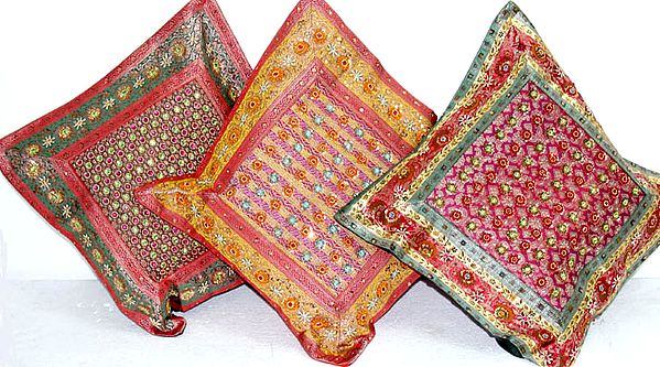 Lot of Three Brocaded Cushion Covers with Beadwork