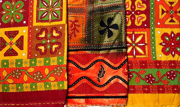 Lot of Three Printed Bedspreads from Sanganer with Kantha Stitch Embroidery