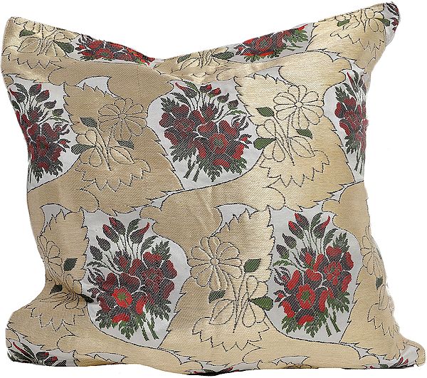 White and Golden Brocaded Cushion Cover with Hand-woven Flowers