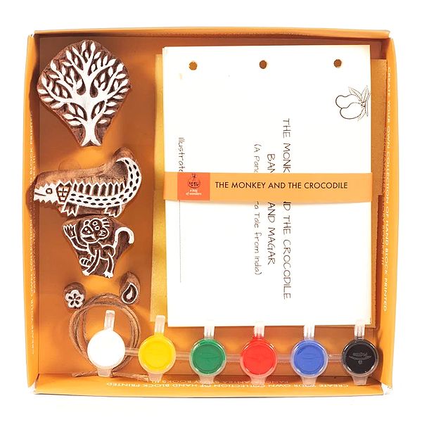 Wooden Block Printing Craft Kit Print Your Own Panchtantra Story Book Magar & Bandar (Do it Yourself)