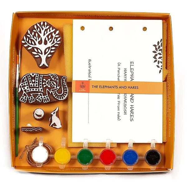 Wooden Block Printing Craft Kit Print Your Own Panchtantra Story Book Haathi & Khargosh (Do it Yourself)