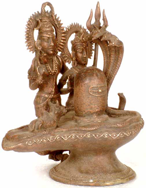 Antiquated Shiva Linga with Shiva Parvati and Nandi