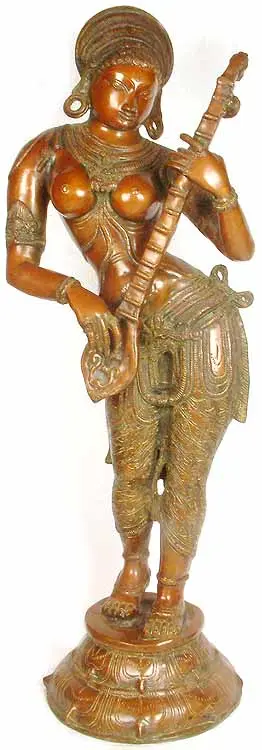 37" Yogini Plays The Veena in Brass | Handmade Indian Sculpture | Spiritual & Artistic Decor