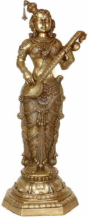 53" Large Size Celestial Nymph Brass Idol Playing on Vina | Handmade