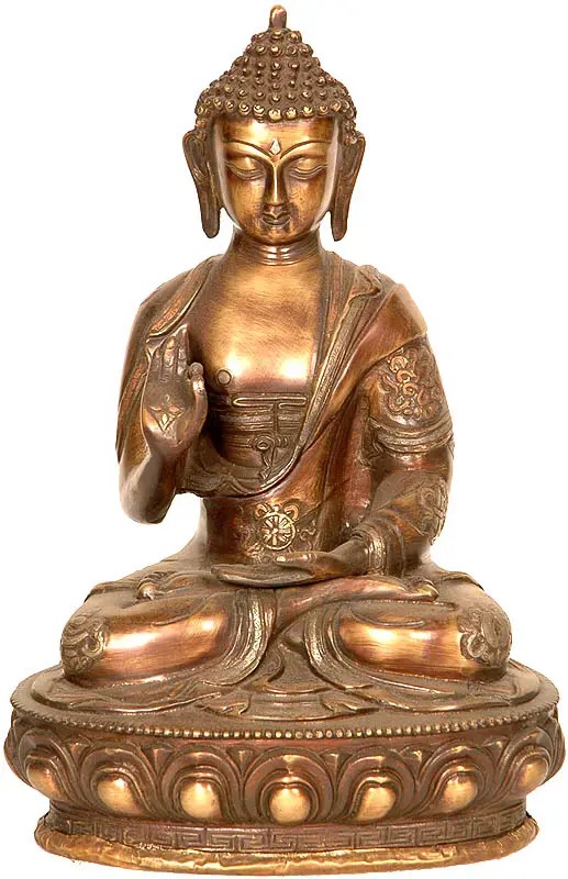 Buddha in the Abhaya Mudra with Ashtamangala Carved on His Robe In Brass | Handmade | Made In India