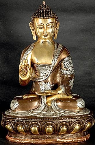11" Buddha in the Abhaya Mudra with Ashtamangala Carved on His Robe In Brass | Handmade | Made In India