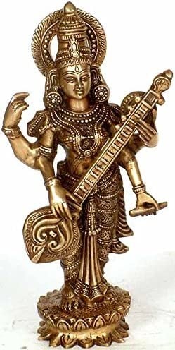 16" The Goddess Saraswati In Brass | Handmade | Made In India