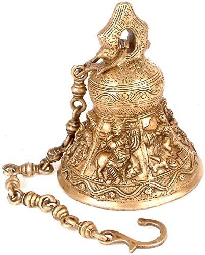 24" Brass Hanging Ritual Bell with Six Auspicious Images of Lord Krishna | Handmade