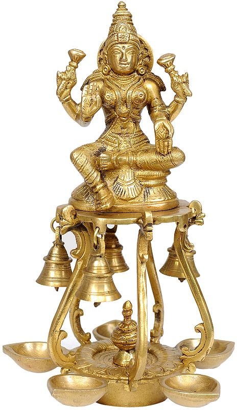 9" Auspicious Lakshmi Lamps with Bells In Brass | Handmade | Made In India