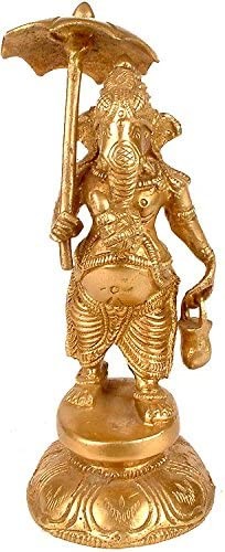 6" Brass Ganesha Idol with Umbrella and Kamandala | Handmade | Made in India