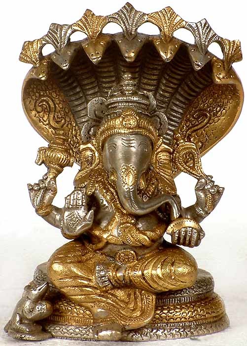 7" Ganesha Seated on Sheshnaga In Brass | Handmade | Made In India