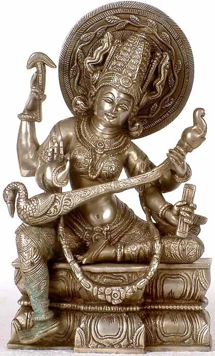11" Devi Saraswati Brass Statue | Handmade Brass Idol