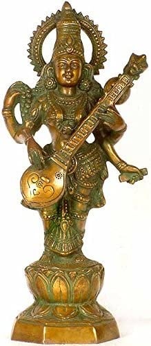 13" Standing Saraswati In Brass | Handmade | Made In India