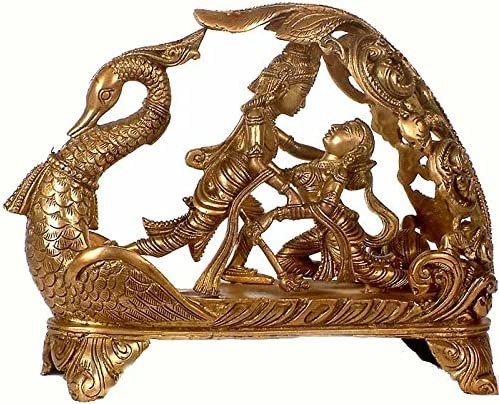 8" Radha & Krishna Sport on a Swan Throne in Brass | Handmade | Made in India