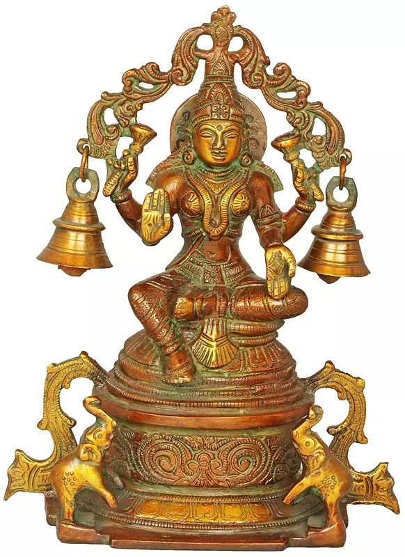 8" Goddess Lakshmi Statue with Elephants & Bells in Brass | Handmade | Made in India