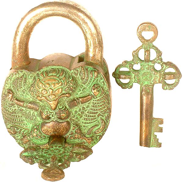 Garuda Temple Lock with Vajra Keys (With Om Mani Padme Hum Inscribed on Reverse)