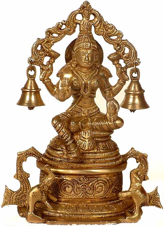 8" Goddess Lakshmi Statue with Elephants & Bells in Brass | Handmade | Made in India