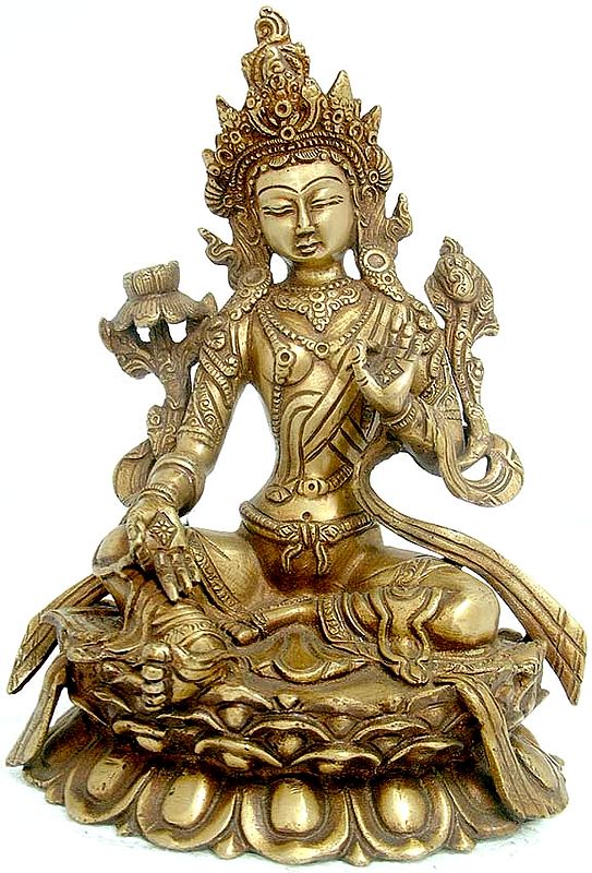 8" Tibetan Buddhist Goddess Green Tara In Brass | Handmade | Made In India