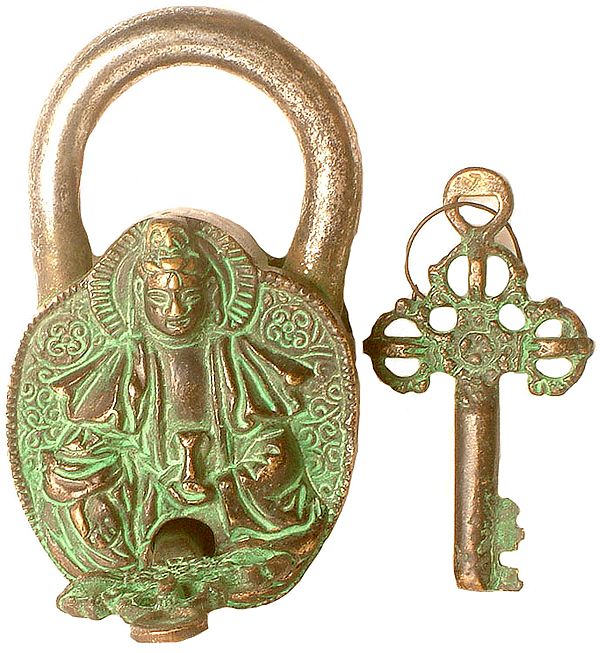 Kuan Yin Temple Lock with Vajra Keys (With Om Mani Padme Hum Inscribed on Reverse)