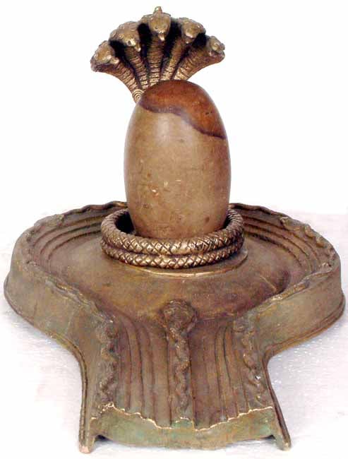 Narmada Stone Linga Set in Brass Yoni Protected by a Five-Hooded Serpent