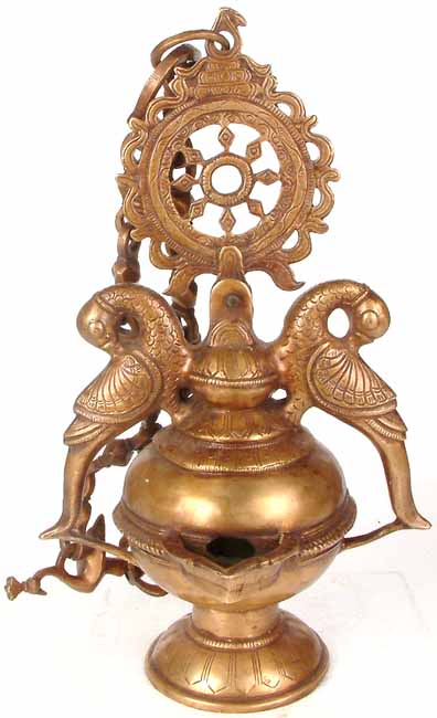 Peacock Oil Lamp with The Dharmachakra