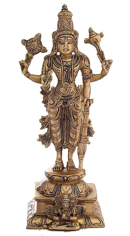 9" Four-Armed Standing Vishnu In Brass | Handmade | Made In India