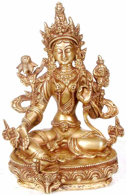 8" Tibetan Buddhist Goddess Green Tara In Brass | Handmade | Made In India