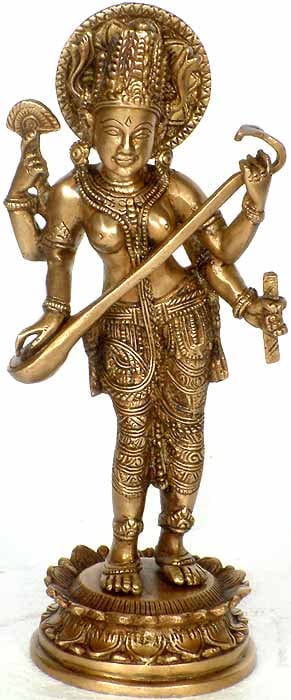 11" Goddess Saraswati Brass Figurine | Handmade | Made in India