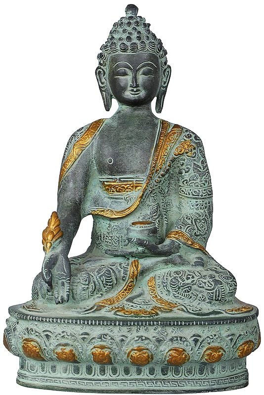12" The Medicine Buddha (Robes Decorated with the Scenes from His Life) In Brass | Handmade | Made In India