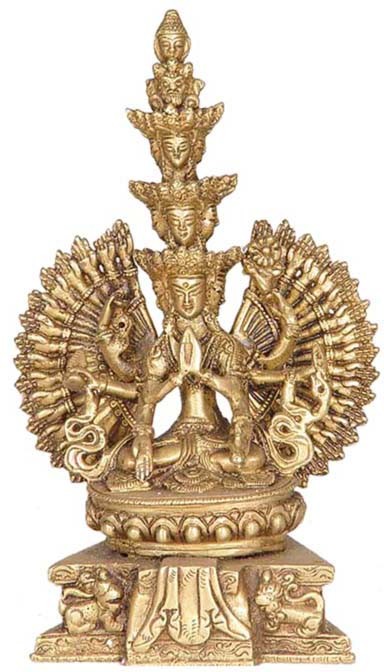 9" Tibetan Buddhist Deity Eleven Headed Thousand Armed Avalokiteshwara In Brass | Handmade | Made In India