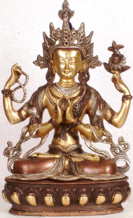 13" Tibetan Buddhist Deity Chenrezig (Four-Armed Avalokiteshvara) In Brass | Handmade | Made In India