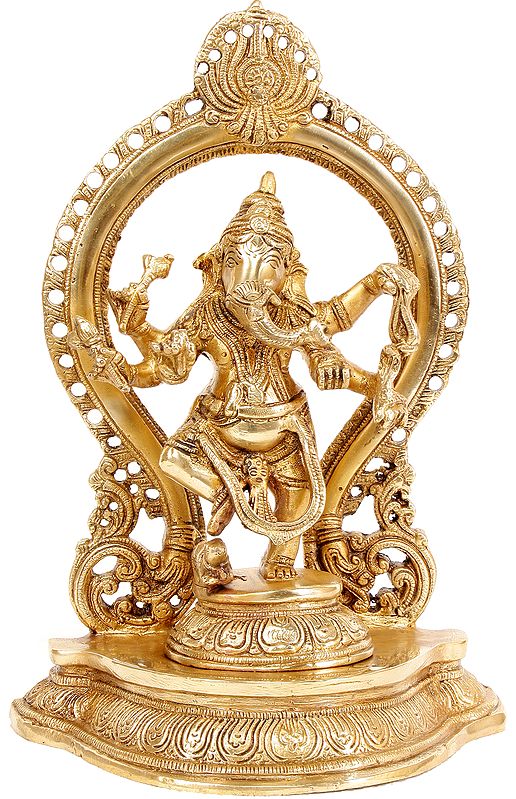 13" Ganesha Idol Dances Under a Temple Arch | Handmade Brass Statue | Made in India