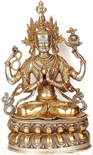 14" Tibetan Buddhist Deity Four Armed Avalokiteshvara (Chenrezig) In Brass | Handmade | Made In India