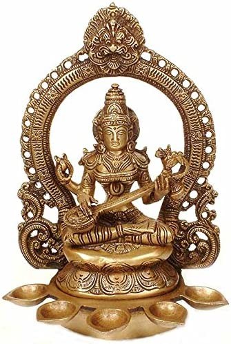 11" Saraswati with Five Lamps In Brass | Handmade | Made In India