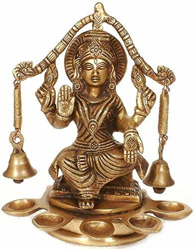8" Goddess Lakshmi with Bells and Five Auspicious Lamps in Brass | Handmade