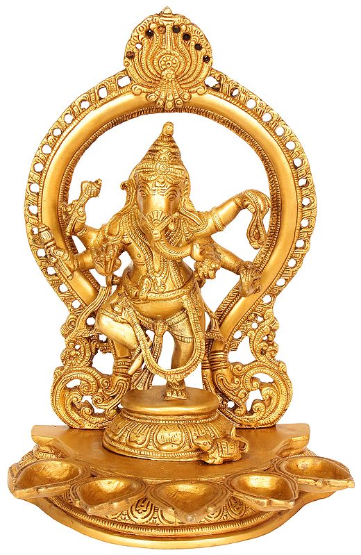 13" Dancing Ganesha with Five Lamps In Brass | Handmade | Made In India