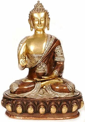 14" Blessing Buddha with Ashtamangala Carved on His Robe In Brass | Handmade | Made In India