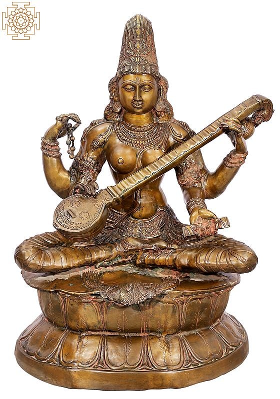 34" Large Size Kamalasana: Saraswati Seated On Lotus In Brass | Handcrafted In India