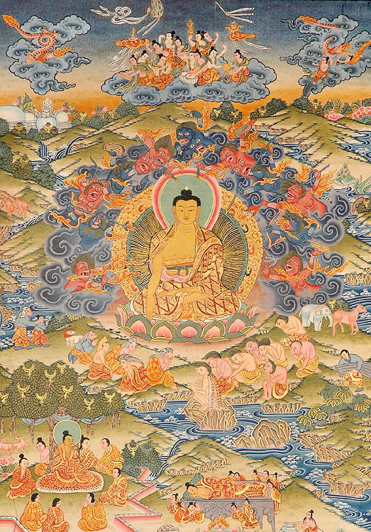 A Serene Buddha Calmly Faces the Onslaught of Mara
