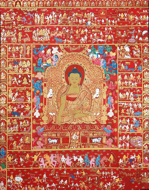 An Immensely Detailed Thangka of Shakyamuni Buddha and Scenes from His Life