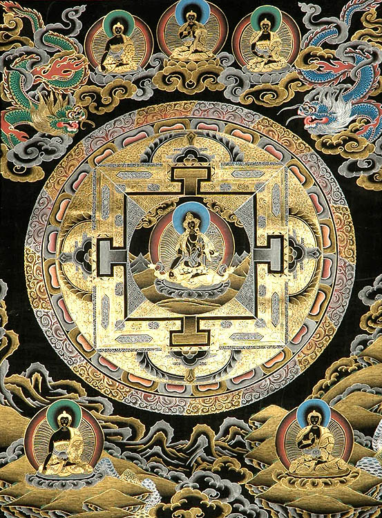White Tara Black Mandala with Five Dhyani Buddhas (A Serious Thangka)
