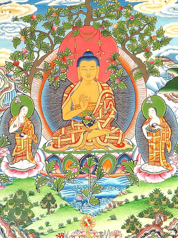 Blessing Introspective Buddha under a Tree with Chief Disciples Shariputra and Maudgalyayana