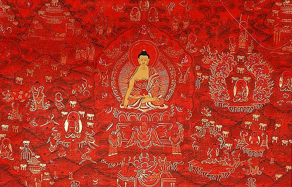Buddha Shakyamuni Seated in Six-Ornament Throne of Enlightenment and the Scenes from His Life
