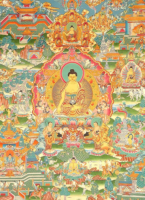 Buddha Shakyamuni Seated on Six Ornament Throne of Enlightenment and the Scenes from His Life
