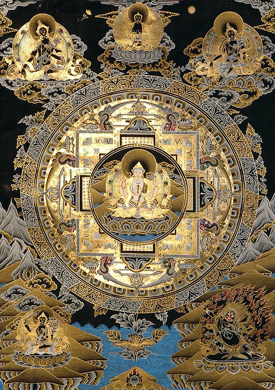 Chenrezig Mandala (Esoteric Black Thangka)