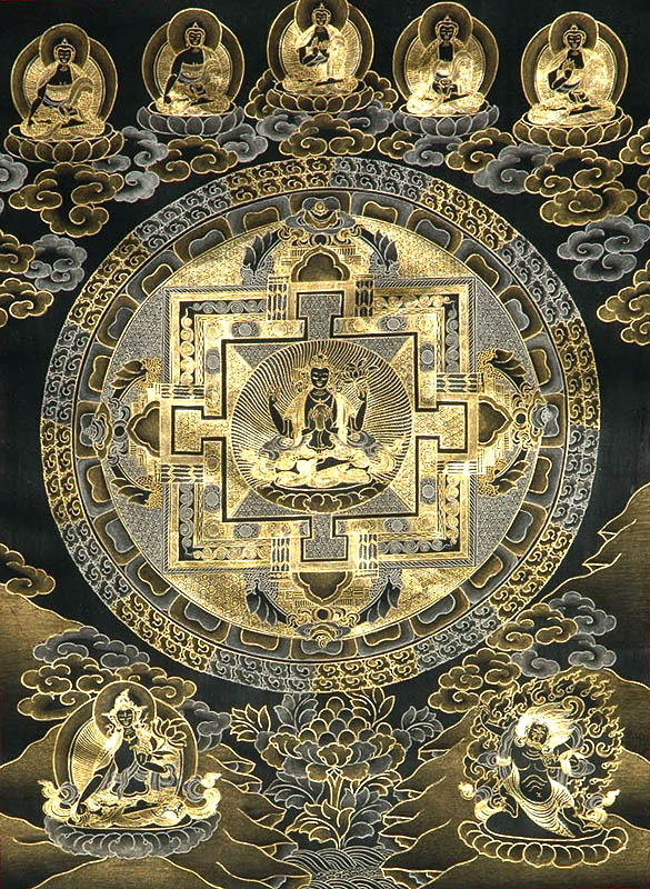 Esoteric Black Thangka of Chenrezig Mandala with Five Dhyani Buddhas