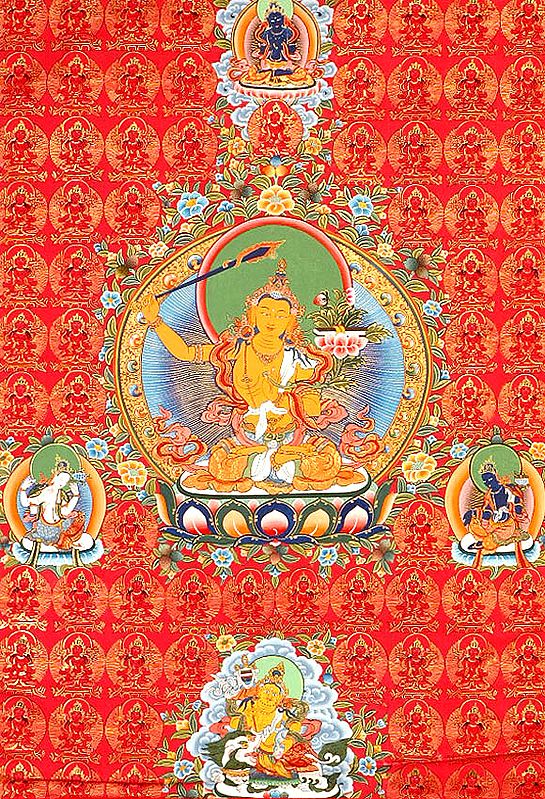 Ever Graceful Manjushri Seated against the Backdrop of Series of His Emanations (Super Large Thangka)