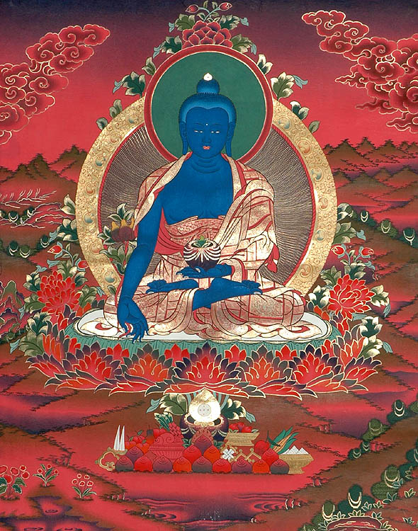 Lapis Lazuli Buddha (Medicine) Against a Ruby Background