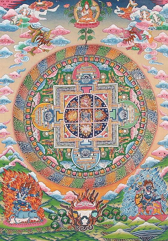 Mandala of Wrathful Guardians with Dharmaraja Yama, Palden Lhamo and Tsongkhapa Atop