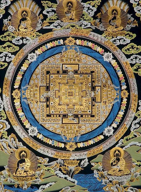 Om (AUM) Mandala with Five Dhyani Buddhas (Esoteric Black Thangka)
